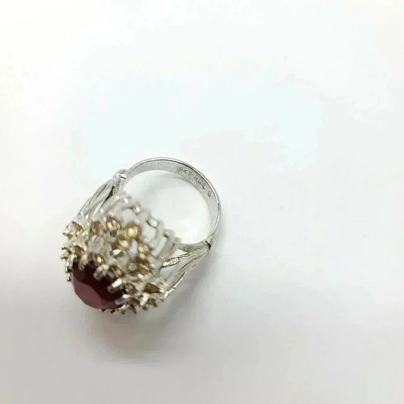 Cocktail Ring Size 7 Vintage 18K HGE Gold Tone Oval Blue  18KT HGE Gold Electroplate Red Rhinestone Vintage Cocktail Ring Size 7 NOS